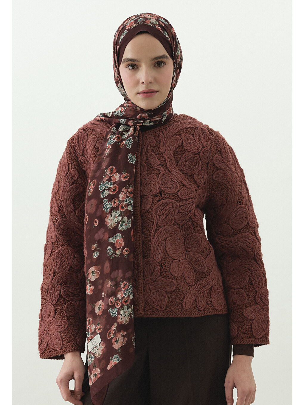 Bordo SECRET PEARL DESENLİ PAMUK VİSKON ŞAL BORDO