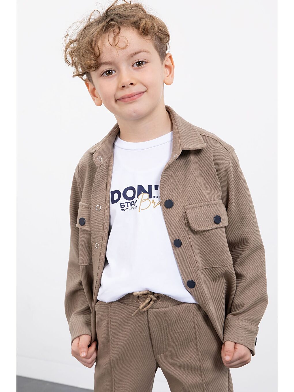 Kahverengi Çıtçıtlı Gömlekli Erkek Çocuk 3lü Tişörtlü Takım 23382-4