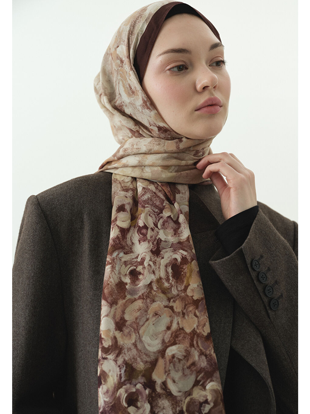 Kahverengi PEARLIE DESENLİ PAMUK VİSKON ŞAL KİREMİT-3