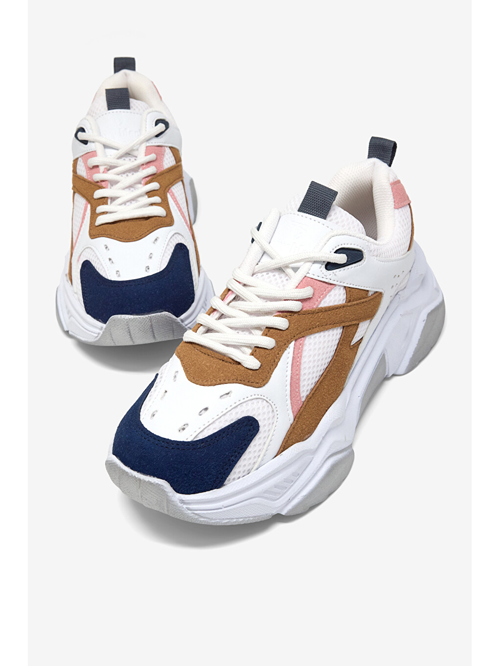 Kadın Beyaz Mavi Kahve Rahat Kalıp Poli Taban Bağcıklı Sneaker