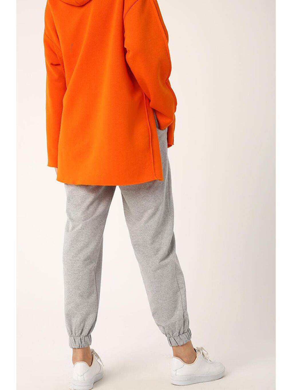 Gri Melanj Yüksek Bel Paçası Lastikli Penye Eşofman Altı-3