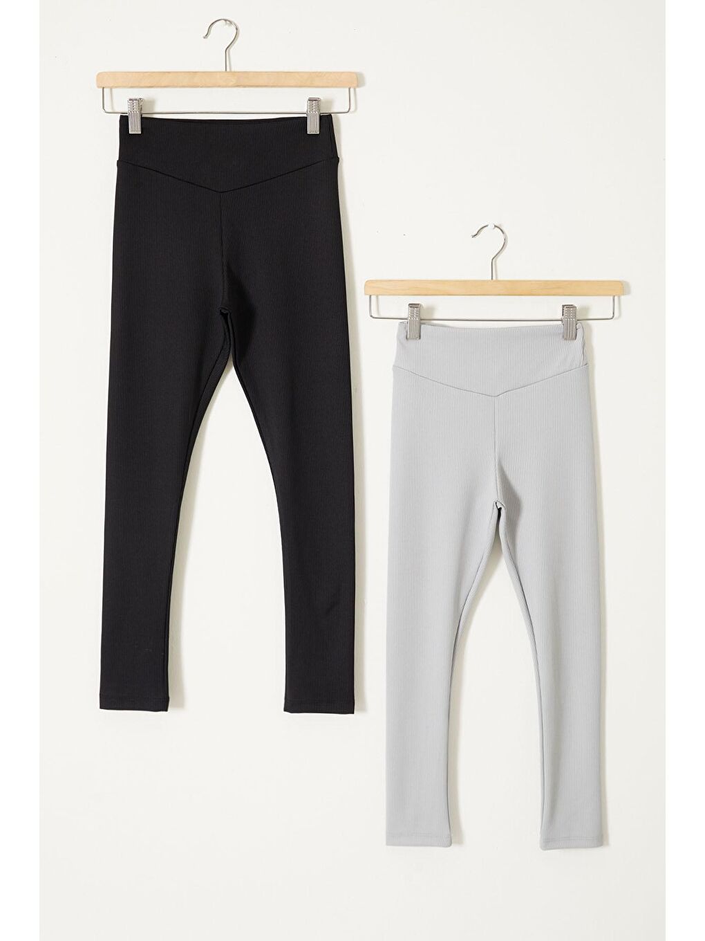Renksiz Yüksek Bel 2'li Fitilli Kız Çocuk Tayt Siyah-Gri 18080