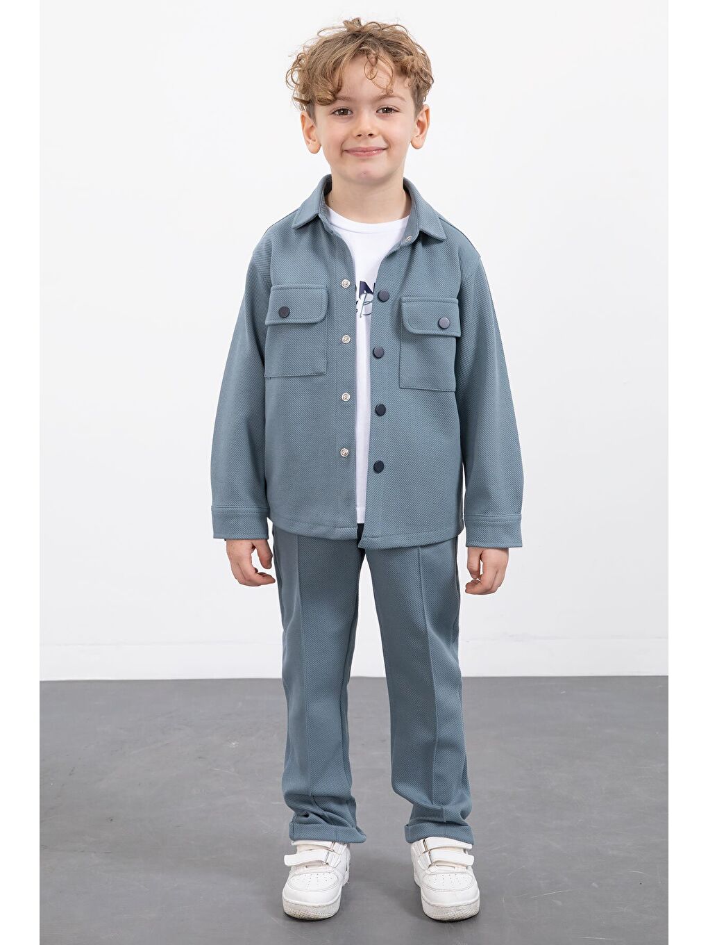 Mavi Çıtçıtlı Gömlekli Erkek Çocuk 3lü Tişörtlü Takım 23379