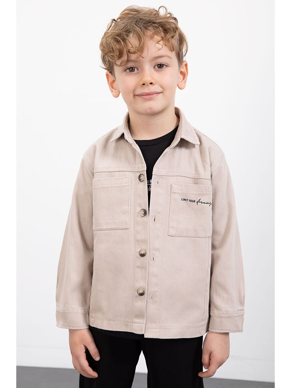 Bej Yazılı Düğmeli Gömlekli Erkek Çocuk Pantolonlu 3lü Takım 23373-4