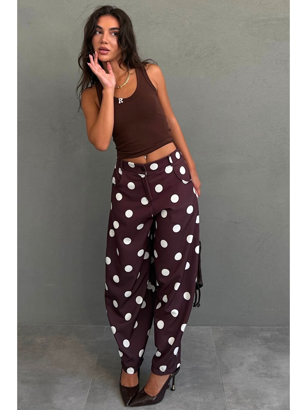 Kahverengi Puantiyeli Beli Lastikli Balon Kadın Pantolon Mg2886-2