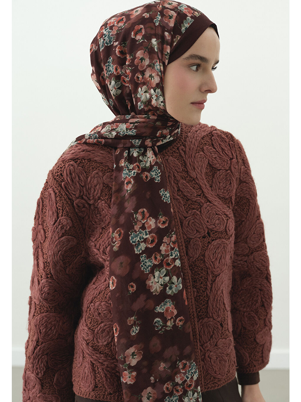 Bordo SECRET PEARL DESENLİ PAMUK VİSKON ŞAL BORDO-2