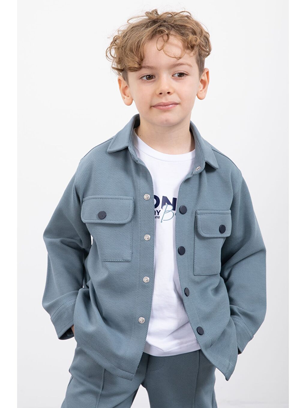 Mavi Çıtçıtlı Gömlekli Erkek Çocuk 3lü Tişörtlü Takım 23379-1