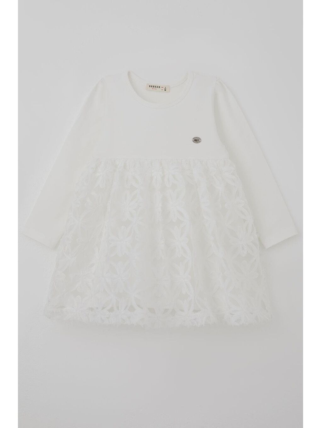 Kız Çocuk Uzun Kollu Elbise Etek Kısmı Organze Kabartmalı Çiçek Tül Detaylı Ekru (3-7 Yaş)-1