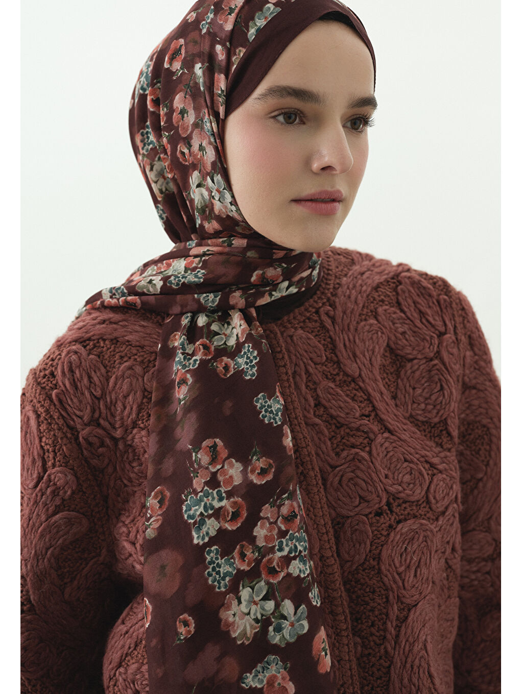 Bordo SECRET PEARL DESENLİ PAMUK VİSKON ŞAL BORDO-3