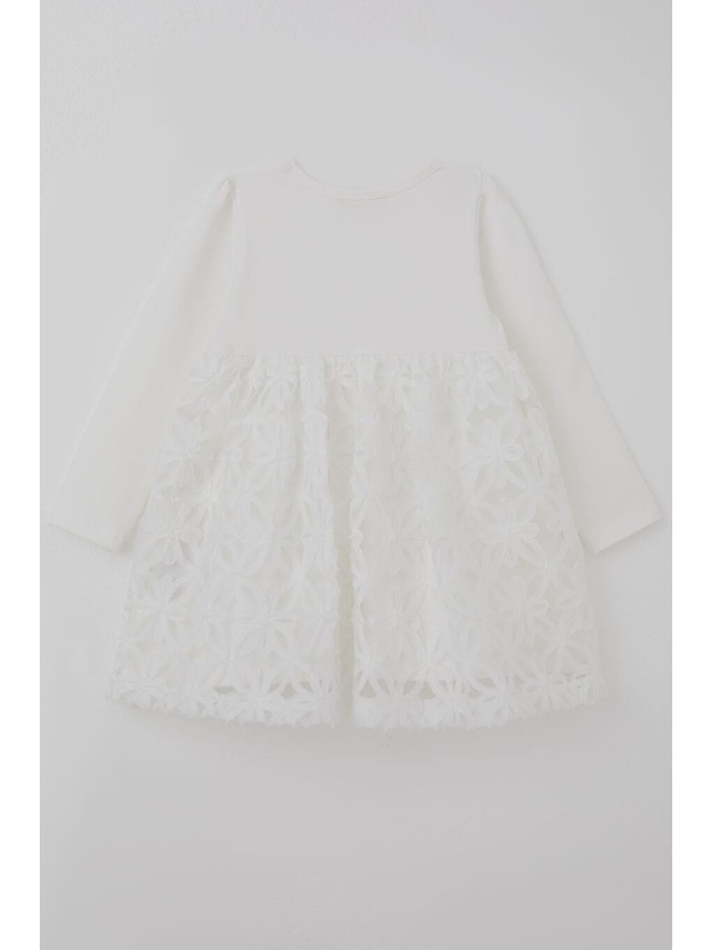 Kız Çocuk Uzun Kollu Elbise Etek Kısmı Organze Kabartmalı Çiçek Tül Detaylı Ekru (3-7 Yaş)-2