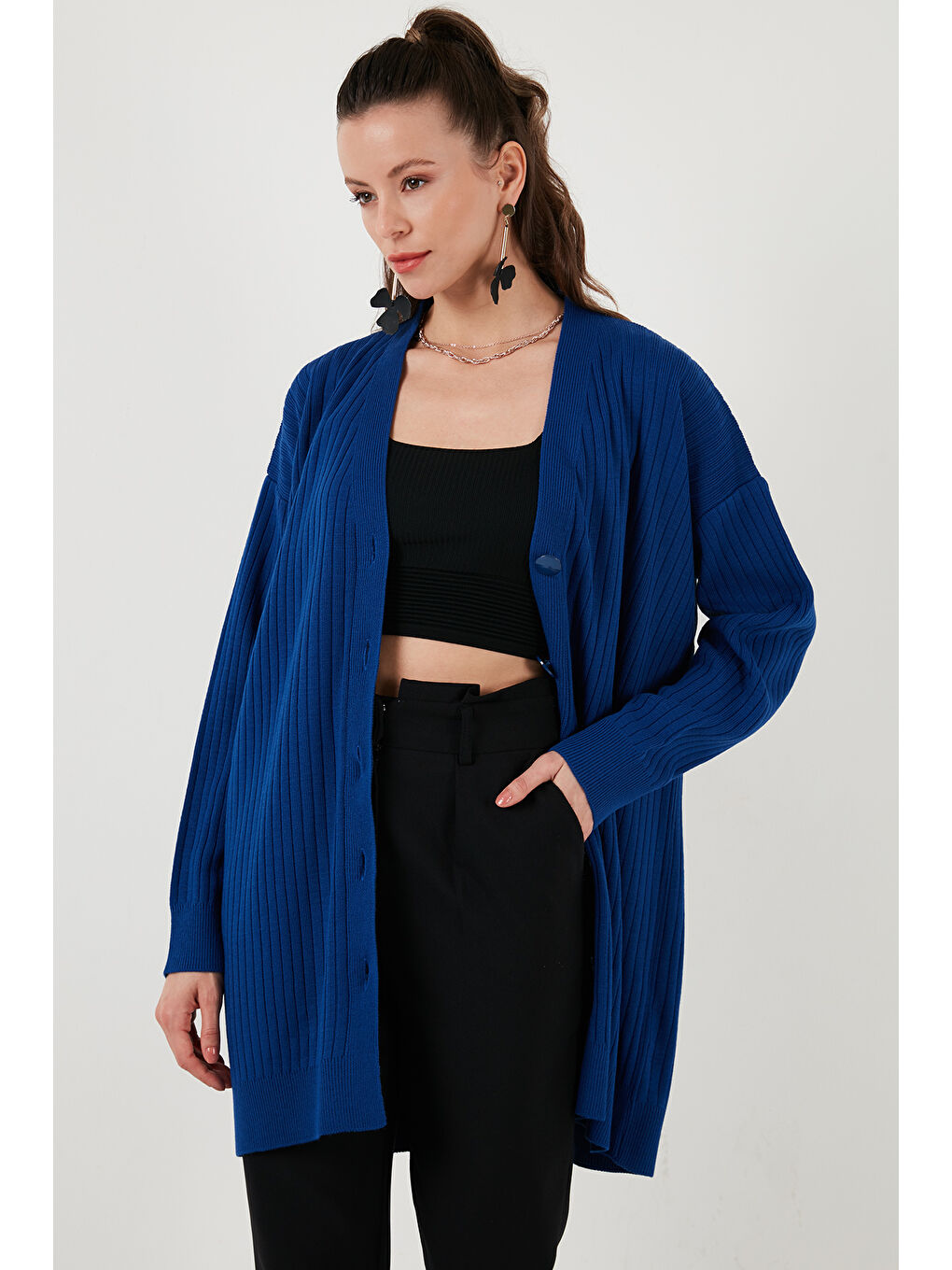 Lacivert V Yaka Düğmeli Uzun Triko Kadın Hırka 4616040Y