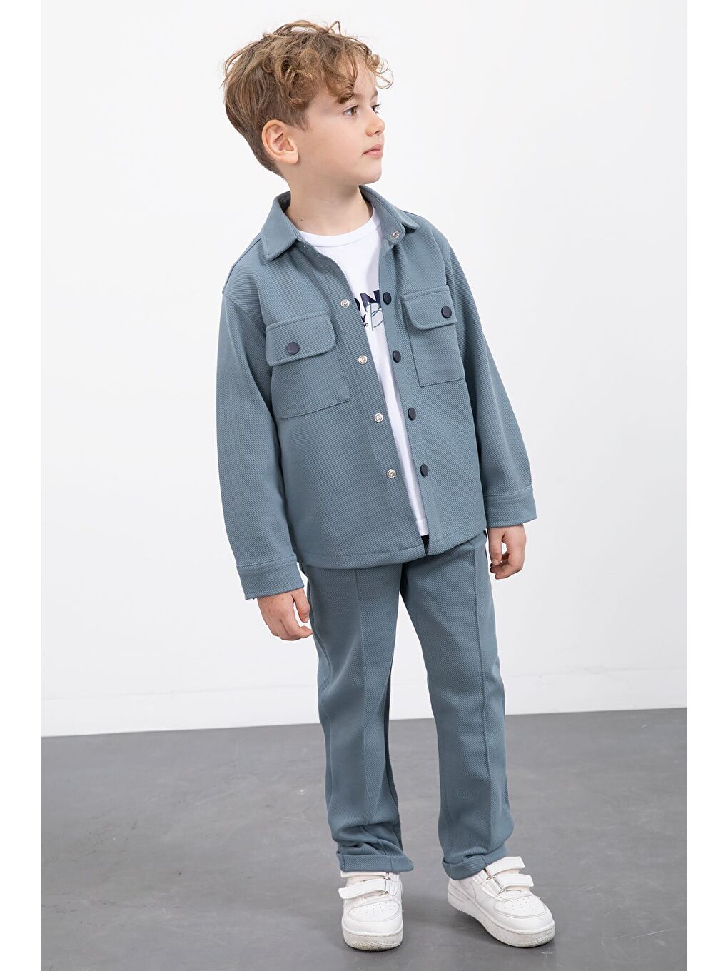 Mavi Çıtçıtlı Gömlekli Erkek Çocuk 3lü Tişörtlü Takım 23379-2