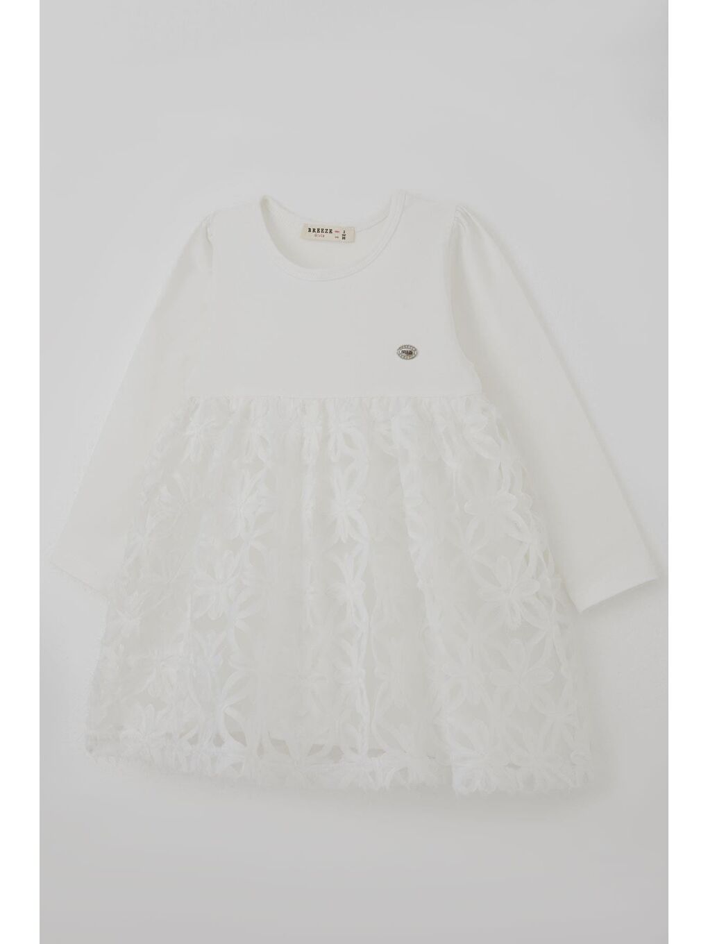 Kız Çocuk Uzun Kollu Elbise Etek Kısmı Organze Kabartmalı Çiçek Tül Detaylı Ekru (3-7 Yaş)-3