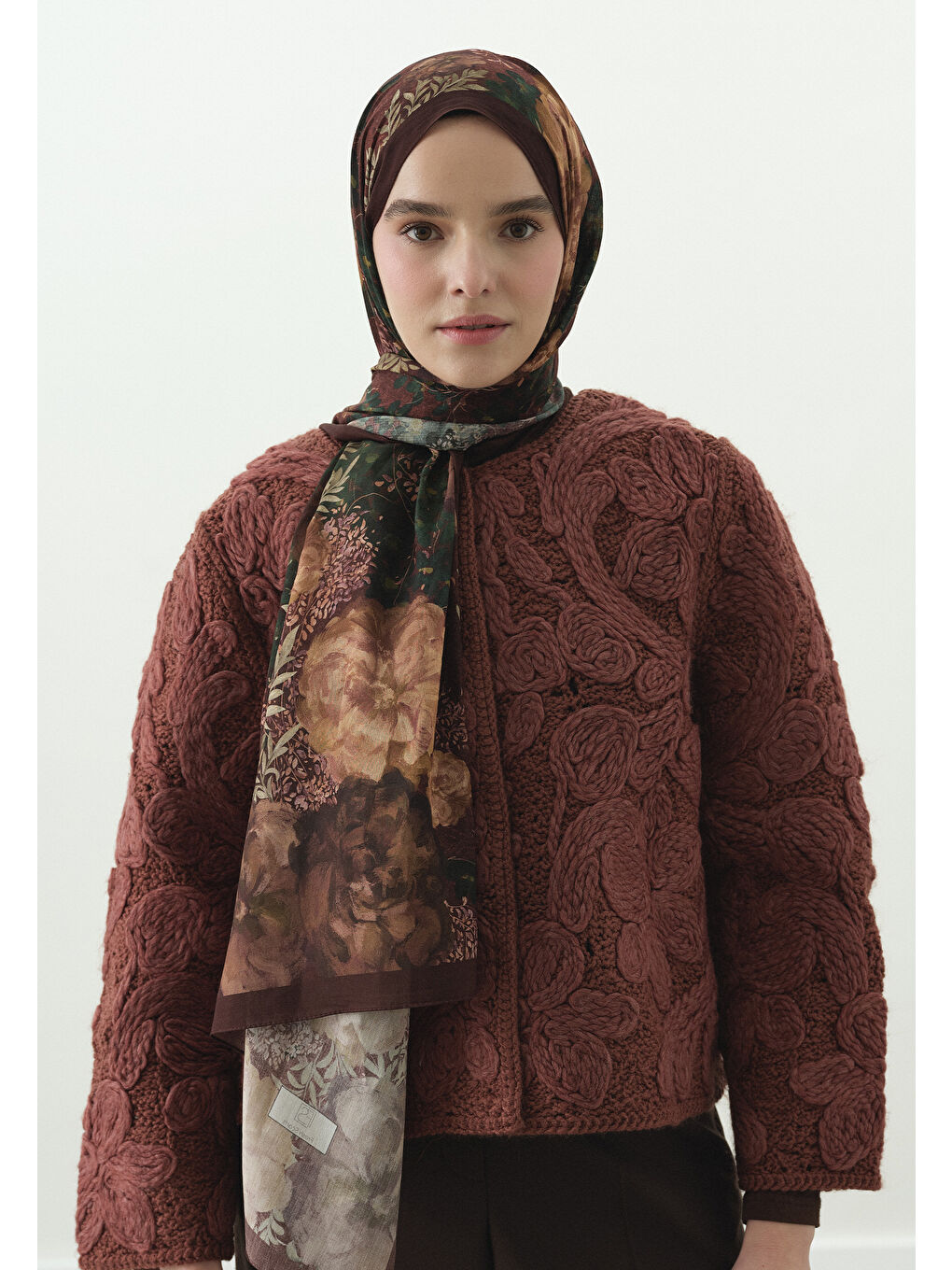 Bordo SOFT HIBISCUS DESENLİ PAMUK VİSKON ŞAL BORDO