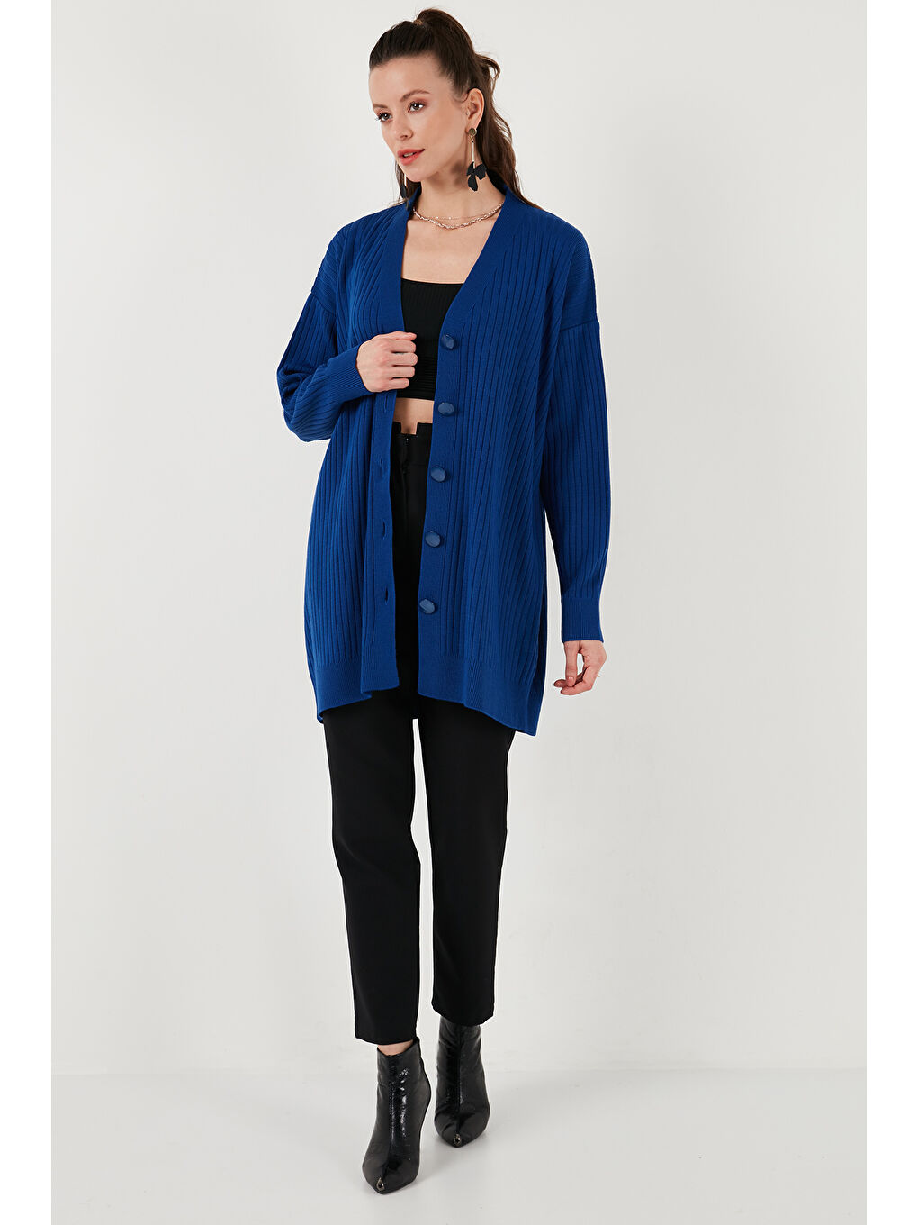 Lacivert V Yaka Düğmeli Uzun Triko Kadın Hırka 4616040Y-2