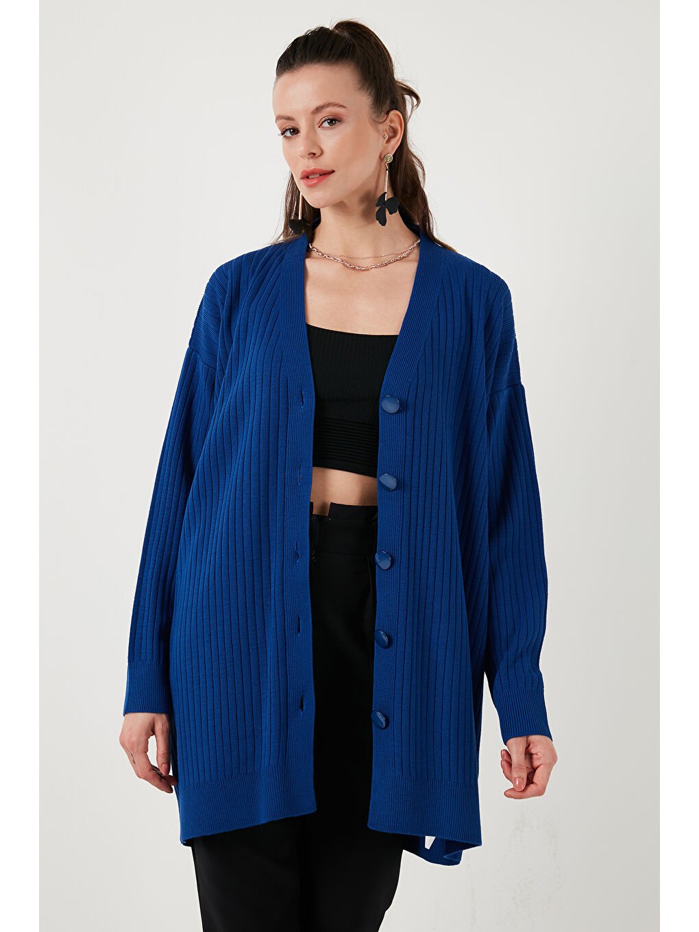 Lacivert V Yaka Düğmeli Uzun Triko Kadın Hırka 4616040Y-3