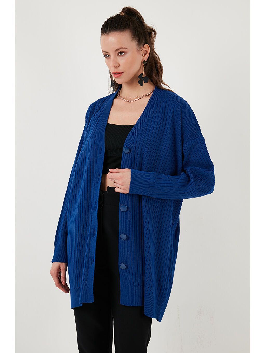 Lacivert V Yaka Düğmeli Uzun Triko Kadın Hırka 4616040Y-4