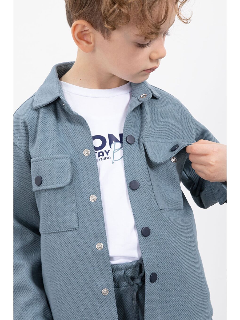 Mavi Çıtçıtlı Gömlekli Erkek Çocuk 3lü Tişörtlü Takım 23379-3