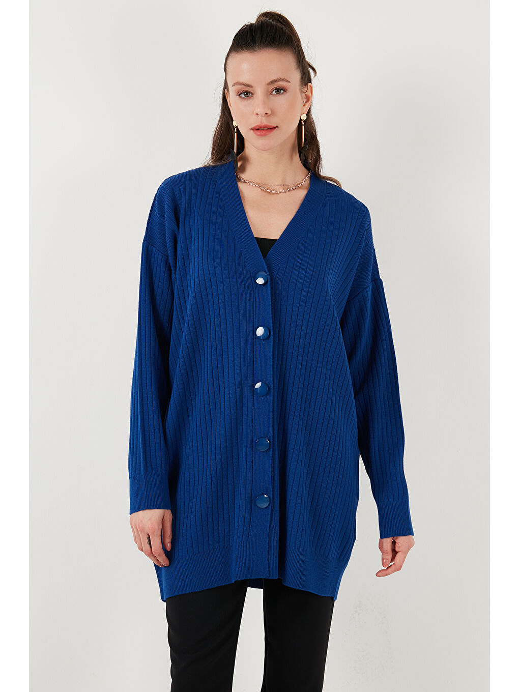 Lacivert V Yaka Düğmeli Uzun Triko Kadın Hırka 4616040Y-5