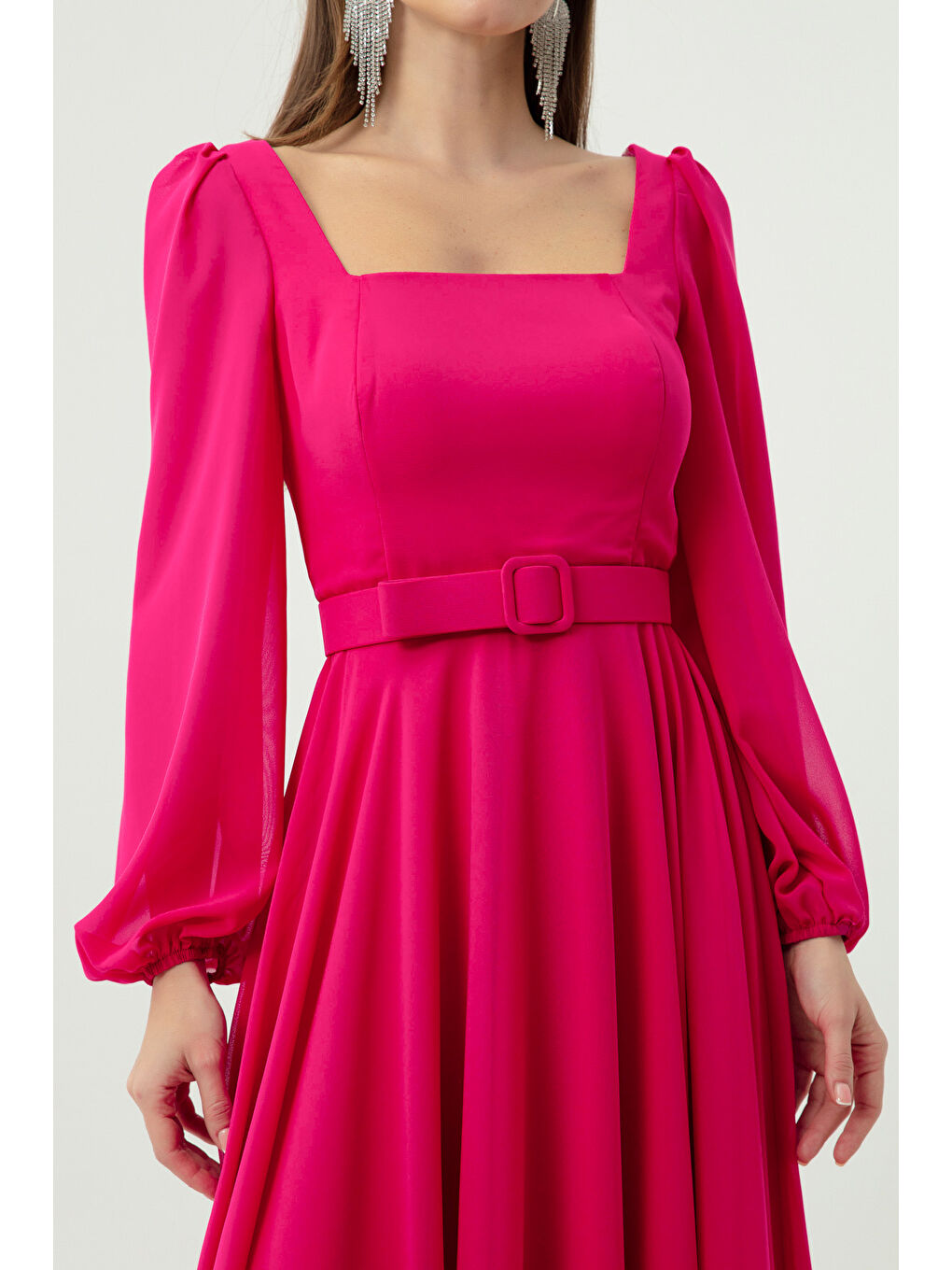 Kadın Fuşya Kare Yaka Kemerli Midi Şifon Abiye Elbise-2