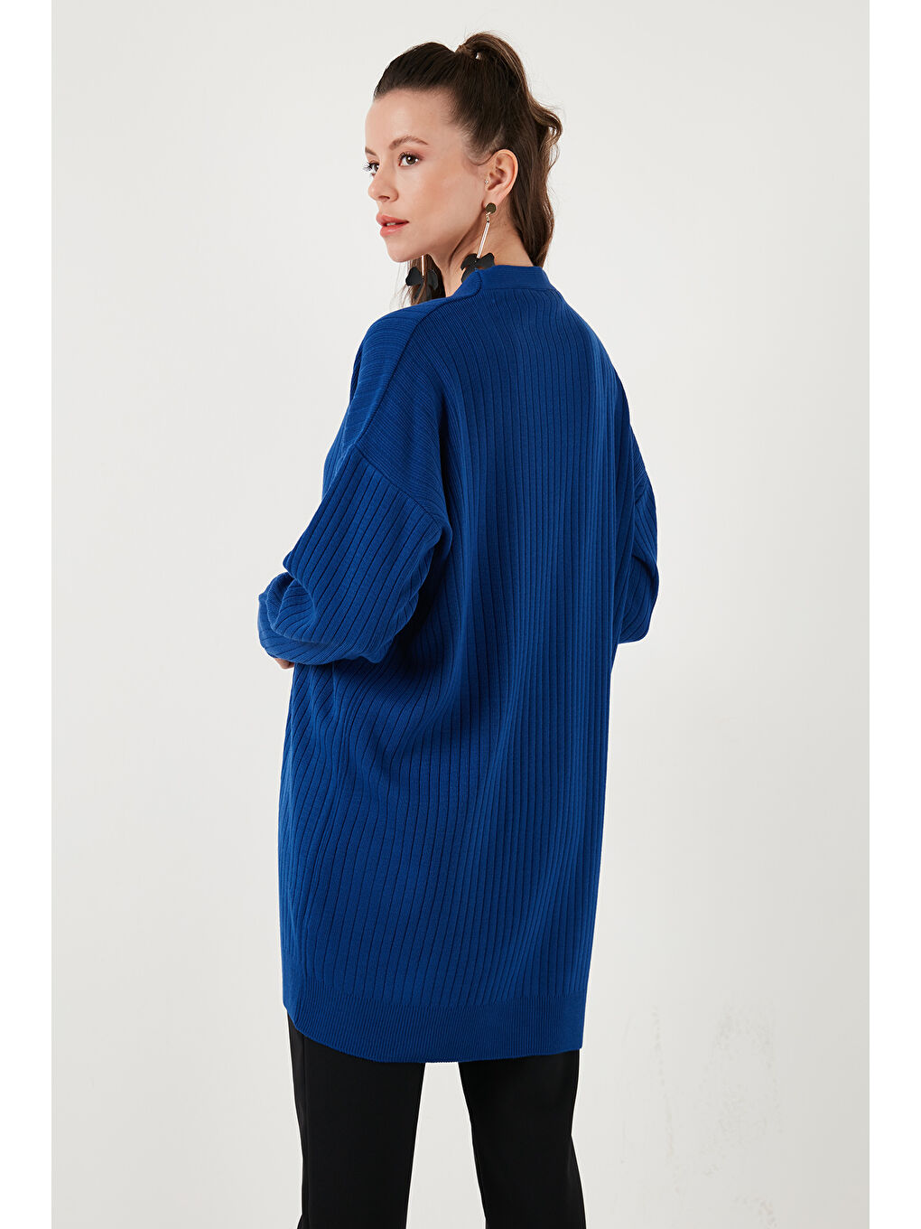 Lacivert V Yaka Düğmeli Uzun Triko Kadın Hırka 4616040Y-6