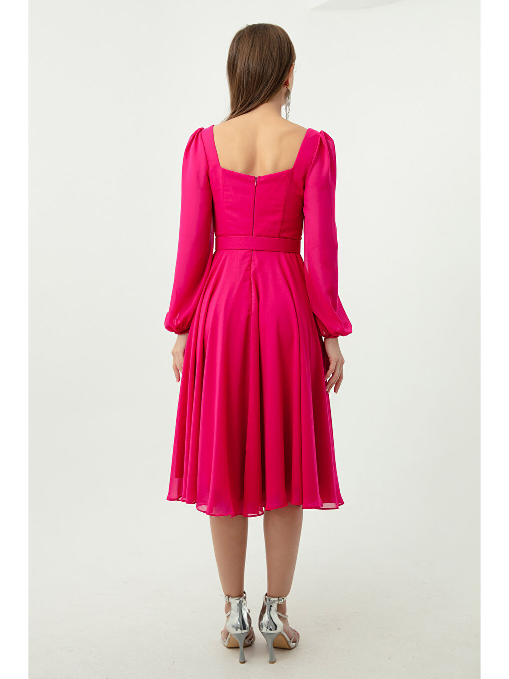 Kadın Fuşya Kare Yaka Kemerli Midi Şifon Abiye Elbise-4
