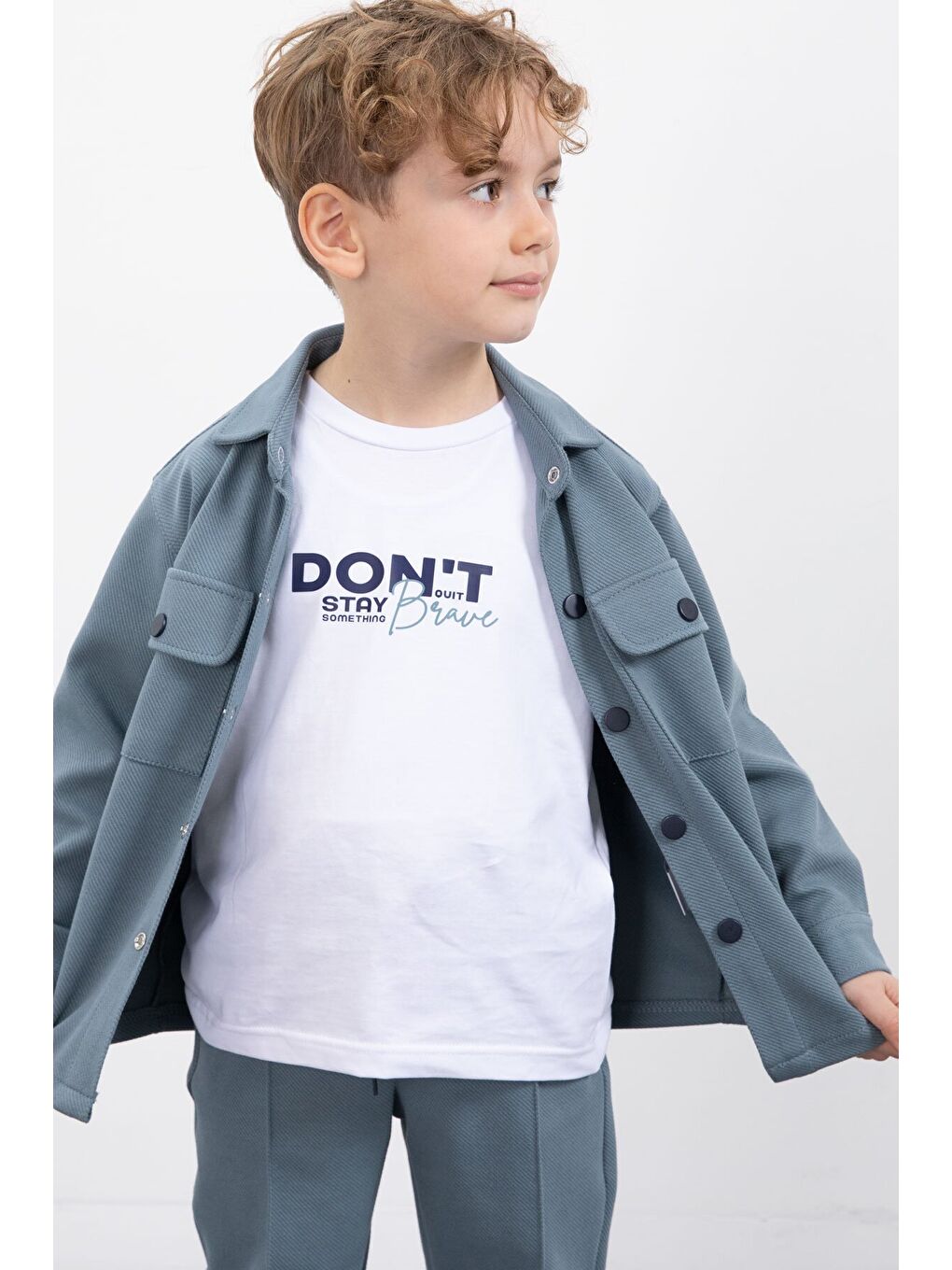 Mavi Çıtçıtlı Gömlekli Erkek Çocuk 3lü Tişörtlü Takım 23379-4