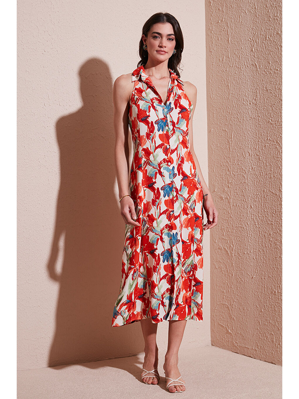 Turuncu Desenli Slim Fit Düğmeli Midi Boy Kadın Gömlek Elbise 6772451