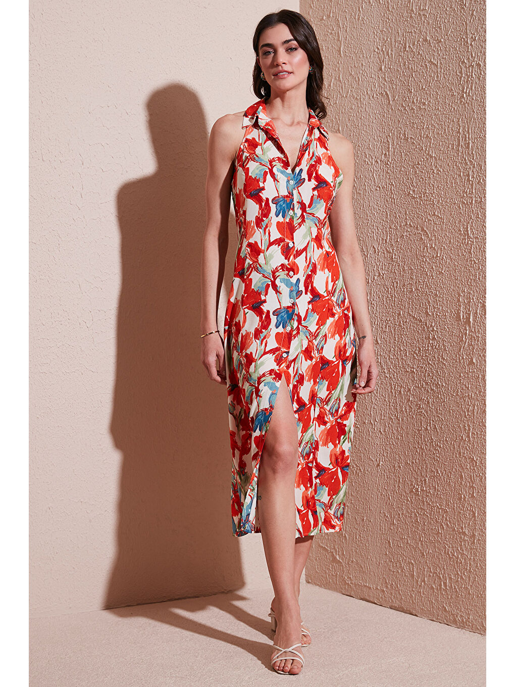 Turuncu Desenli Slim Fit Düğmeli Midi Boy Kadın Gömlek Elbise 6772451-1