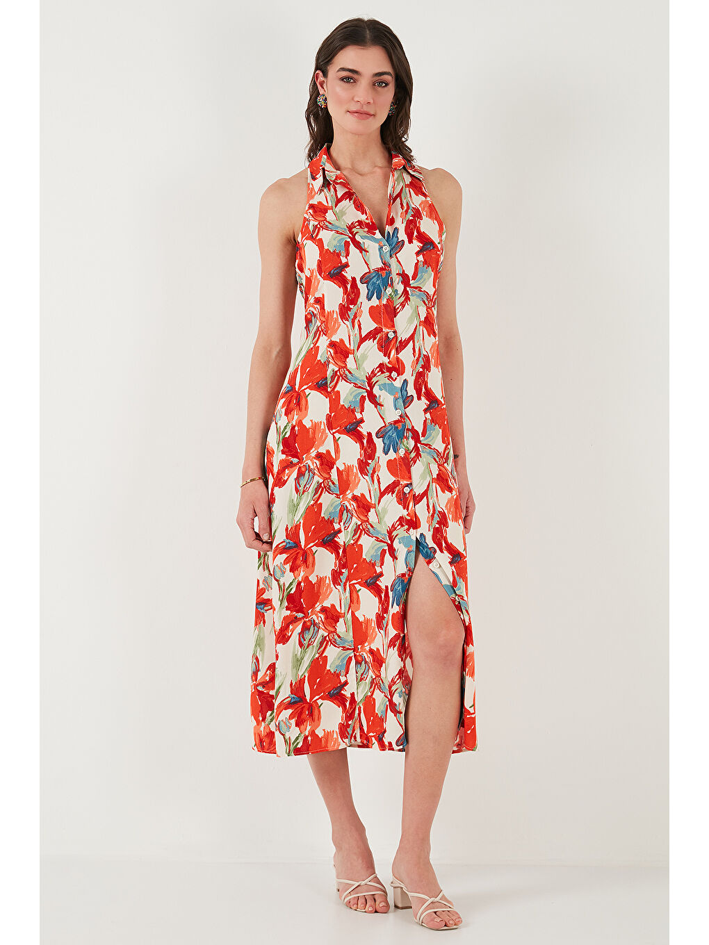 Turuncu Desenli Slim Fit Düğmeli Midi Boy Kadın Gömlek Elbise 6772451-2