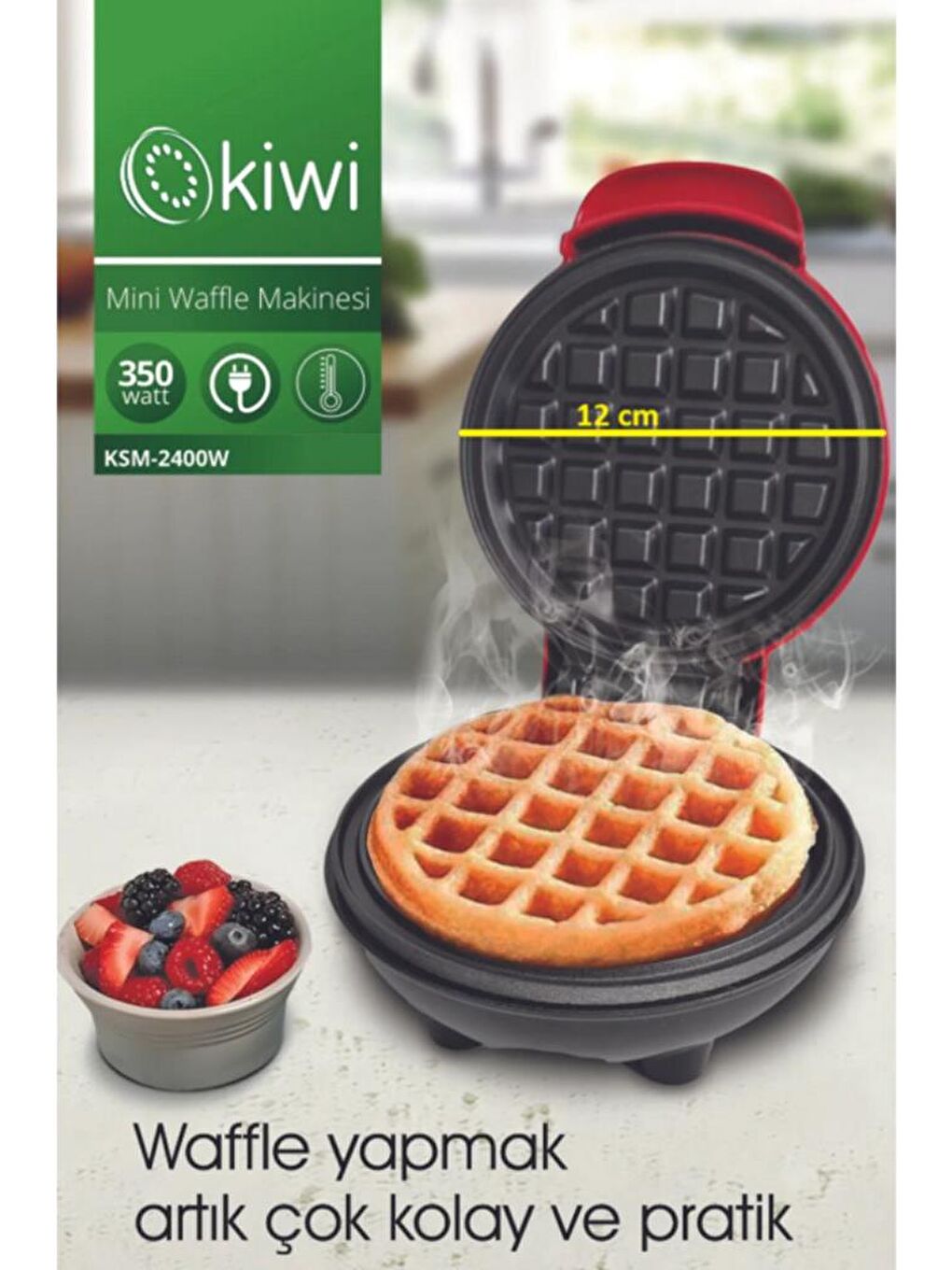 MİNİ Ksm-2400W Yapışmaz Plakalı Waffle Makinesi Kırmızı