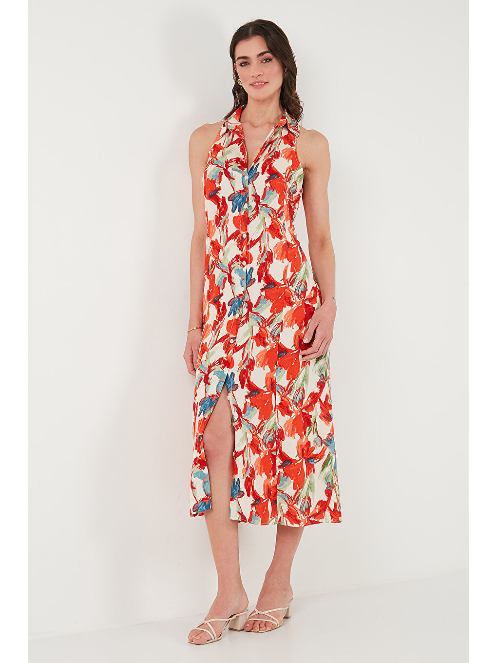 Turuncu Desenli Slim Fit Düğmeli Midi Boy Kadın Gömlek Elbise 6772451-3