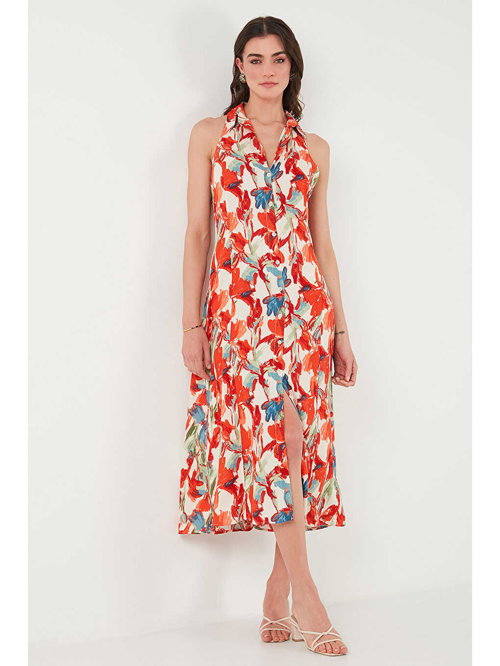 Turuncu Desenli Slim Fit Düğmeli Midi Boy Kadın Gömlek Elbise 6772451-4