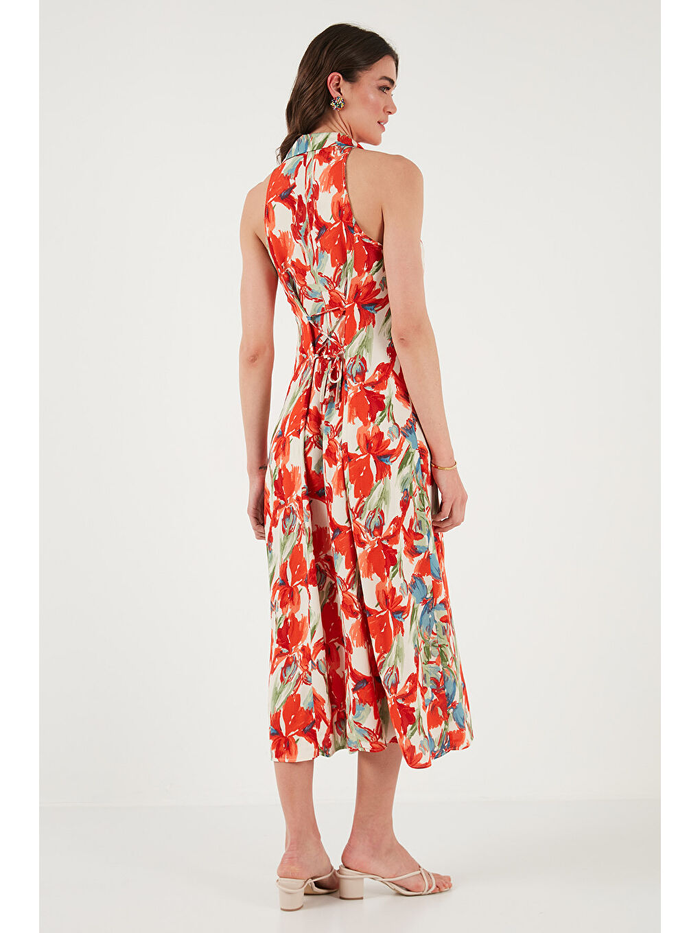 Turuncu Desenli Slim Fit Düğmeli Midi Boy Kadın Gömlek Elbise 6772451-5