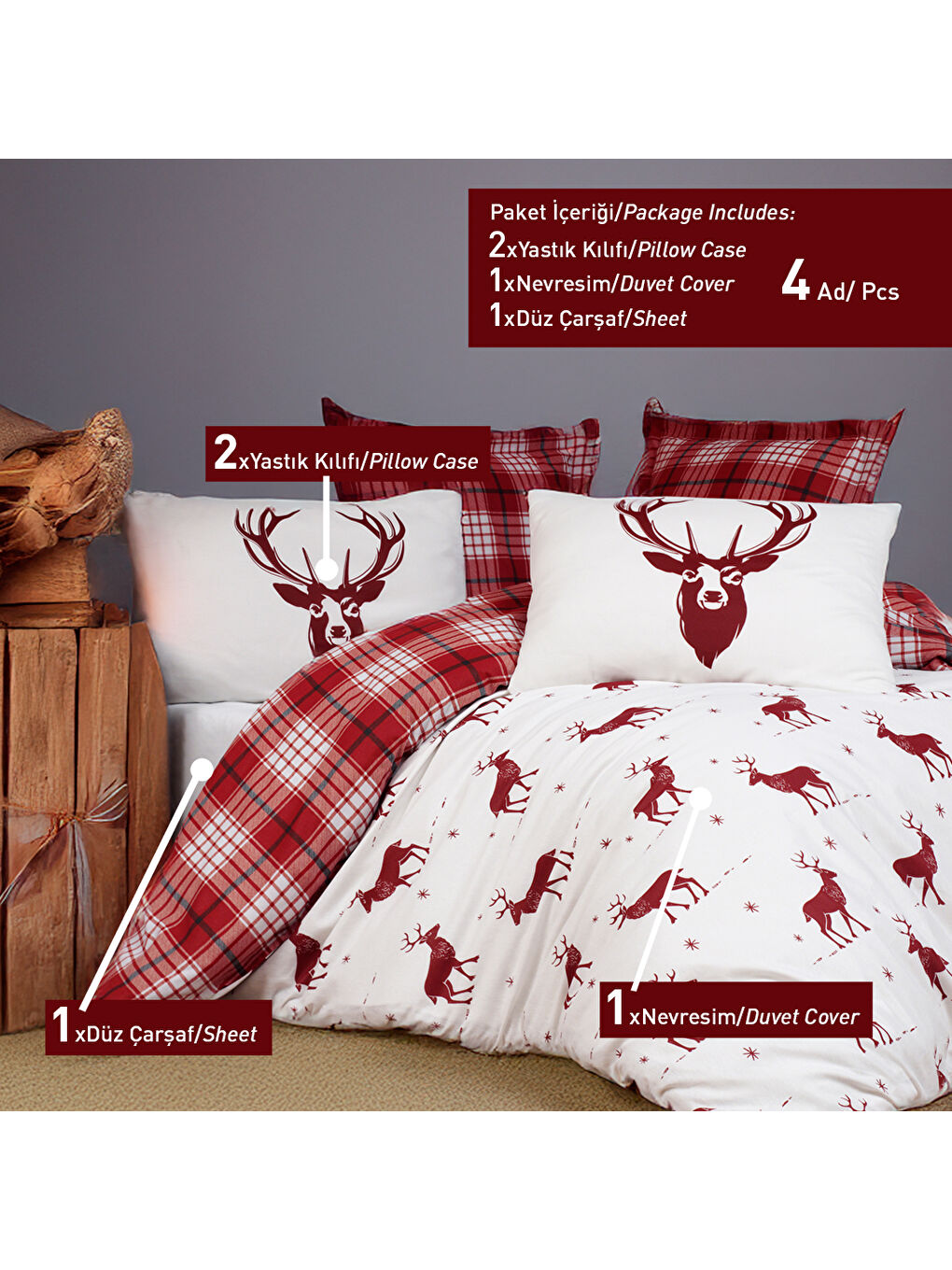 Kolay Ütülenir Nevresim Takımı Çift Kişilik Geyik Bordo-3