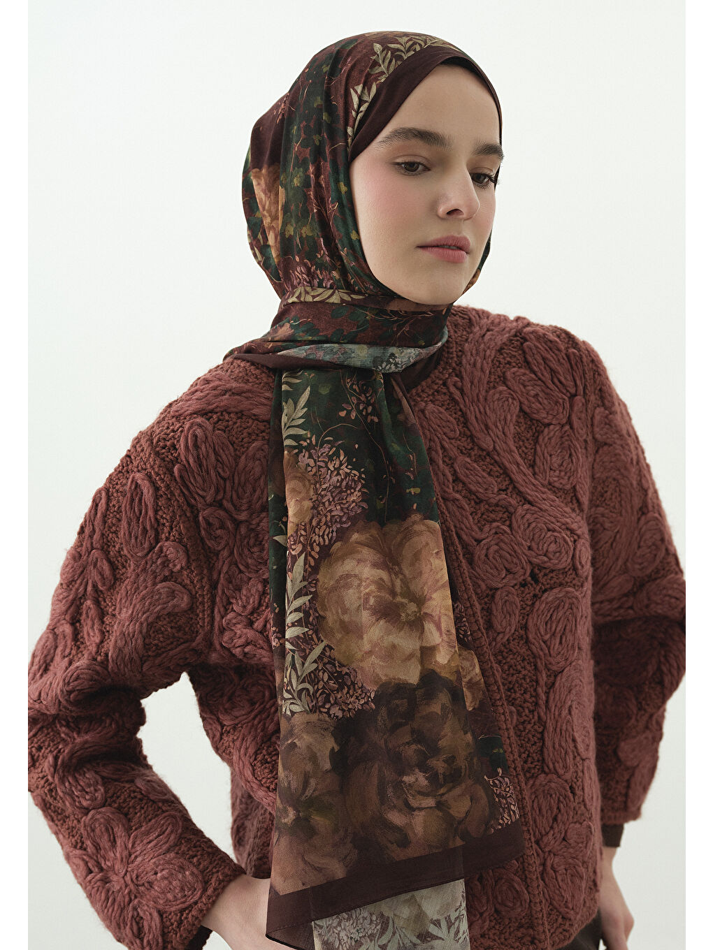 Bordo SOFT HIBISCUS DESENLİ PAMUK VİSKON ŞAL BORDO-2