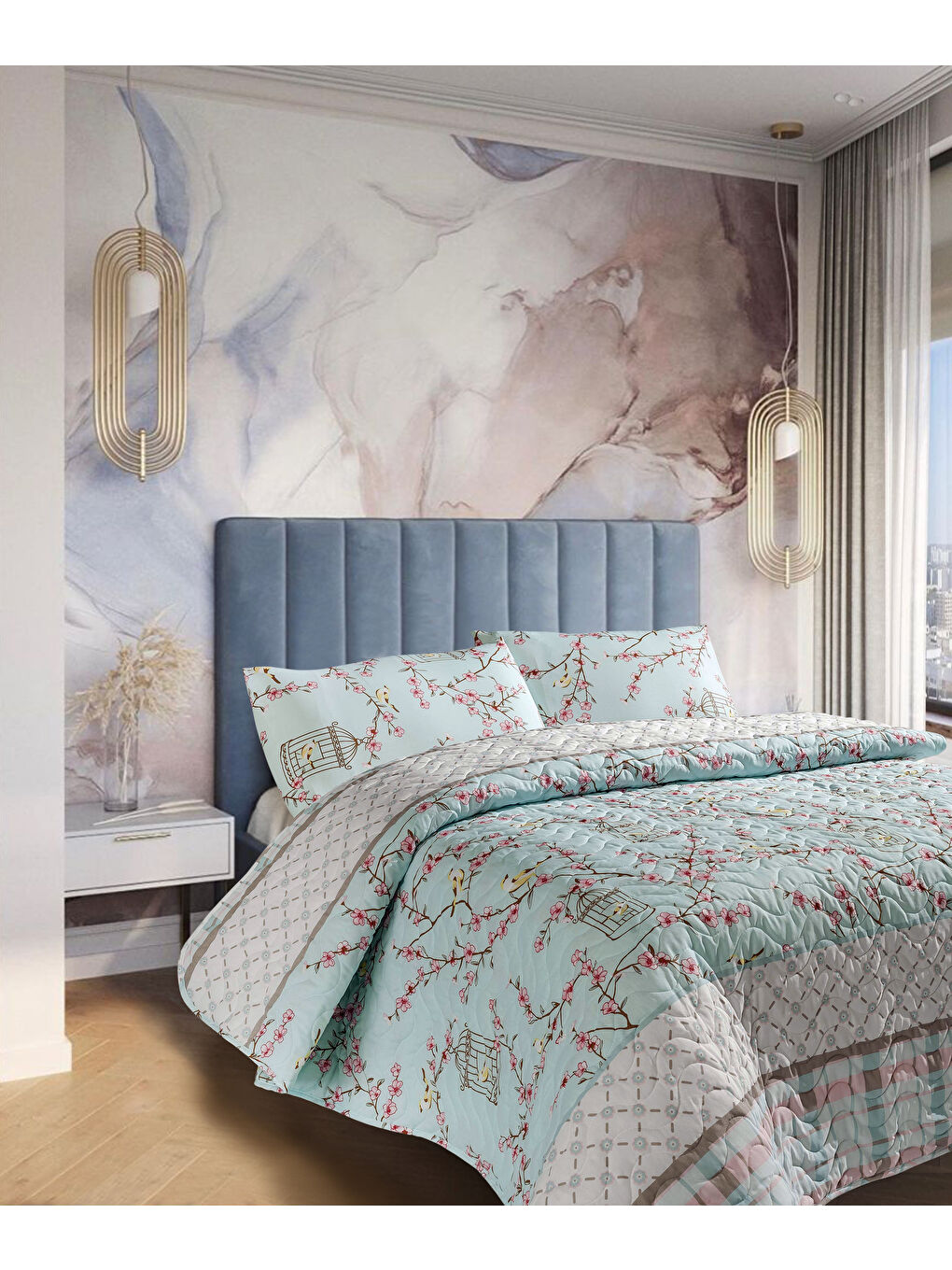 Kapitone Yatak Örtüsü Seti Çift Kişilik Birdcage Turkuaz