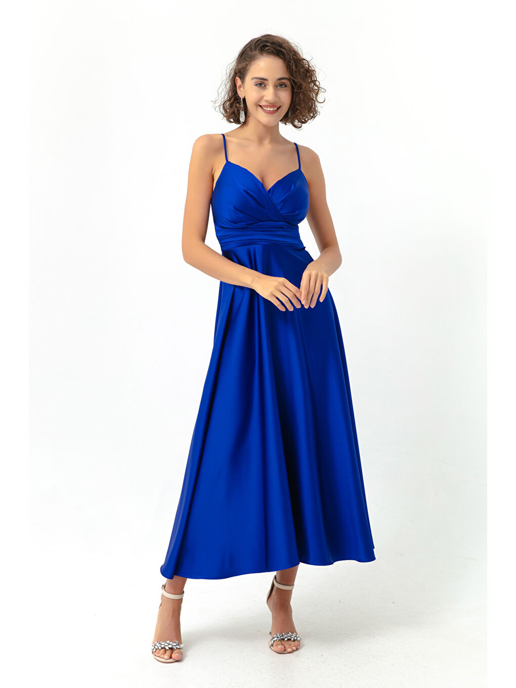 Mavi Kadın Saks İp Askılı Bel Kemerli Saten Midi Abiye & Mezuniyet Elbisesi-1