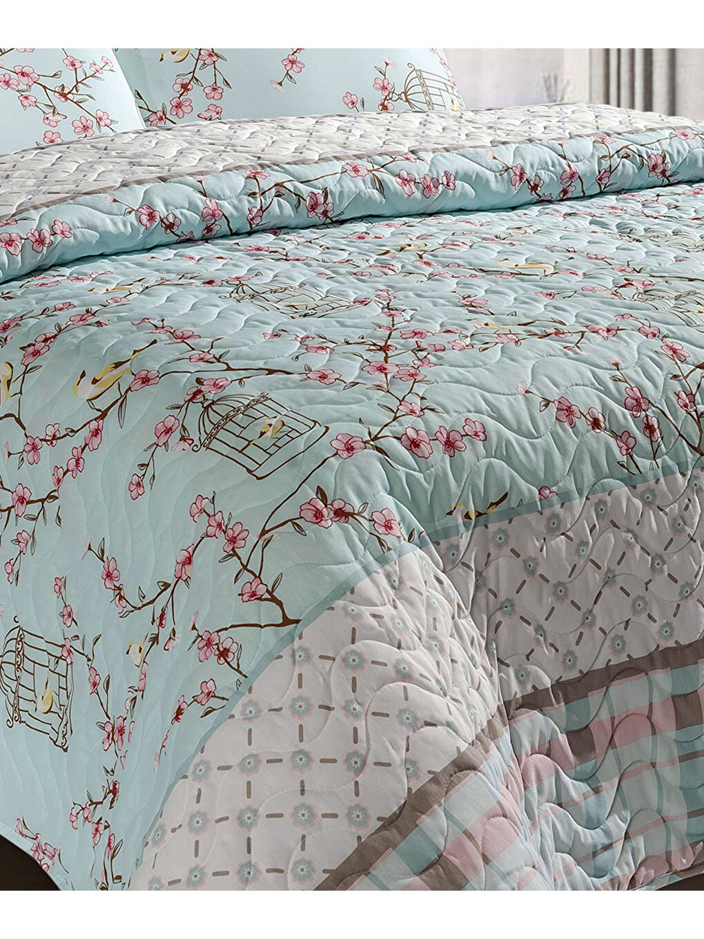 Kapitone Yatak Örtüsü Seti Çift Kişilik Birdcage Turkuaz-1