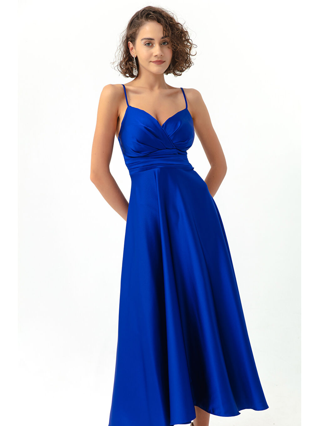 Mavi Kadın Saks İp Askılı Bel Kemerli Saten Midi Abiye & Mezuniyet Elbisesi-2