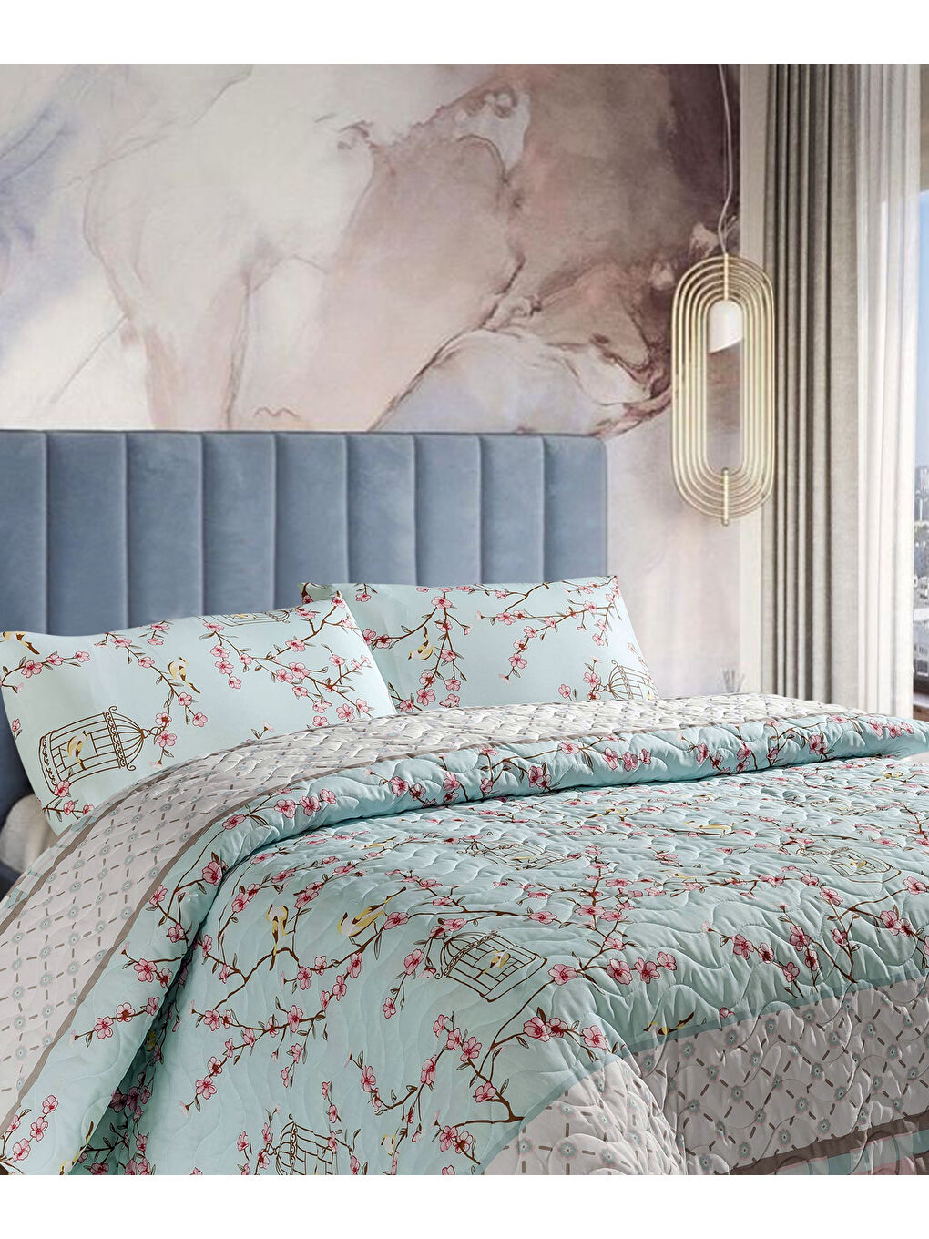 Kapitone Yatak Örtüsü Seti Çift Kişilik Birdcage Turkuaz-2