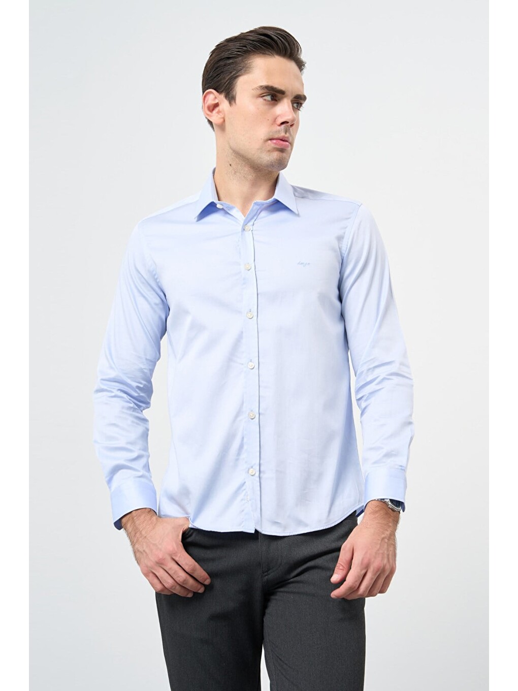 Mavi Sert Yaka Uzun Kol Cepsiz Slim Fit %100 Pamuk Gömlek 1004260324