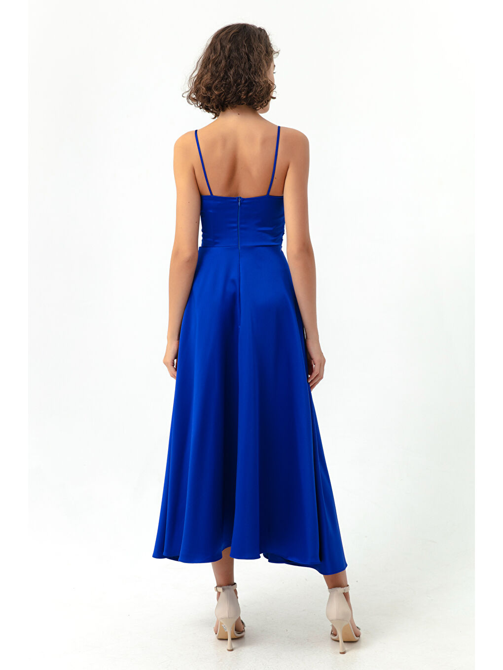 Mavi Kadın Saks İp Askılı Bel Kemerli Saten Midi Abiye & Mezuniyet Elbisesi-4