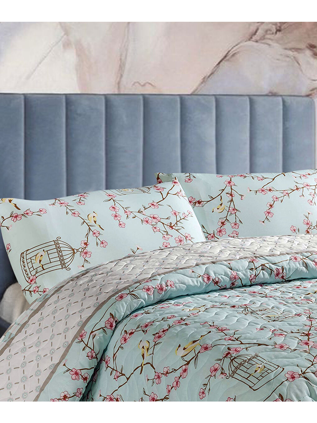 Kapitone Yatak Örtüsü Seti Çift Kişilik Birdcage Turkuaz-3