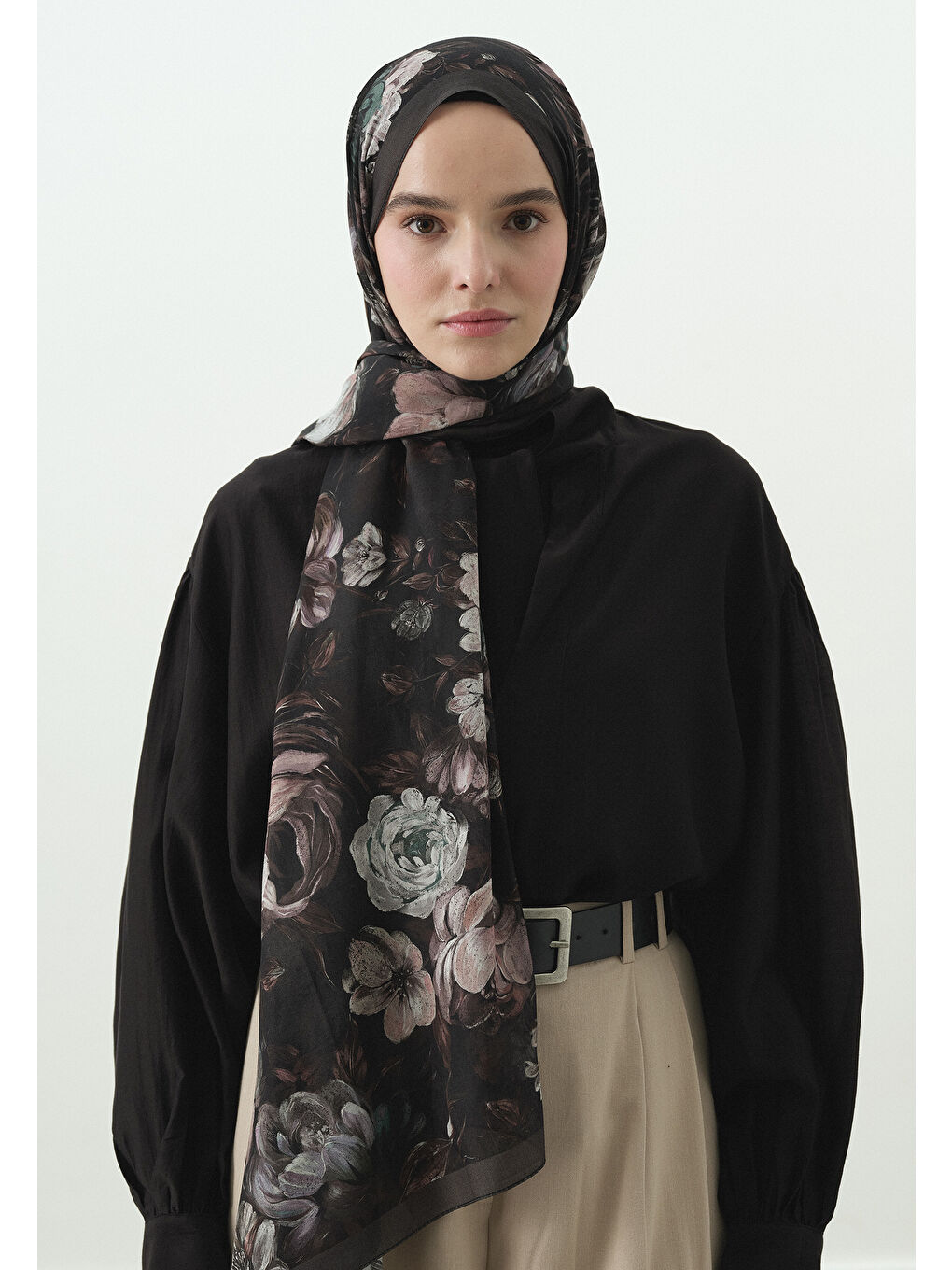 Antrasit ROSINE DESENLİ PAMUK VİSKON ŞAL ANTRASİT-2