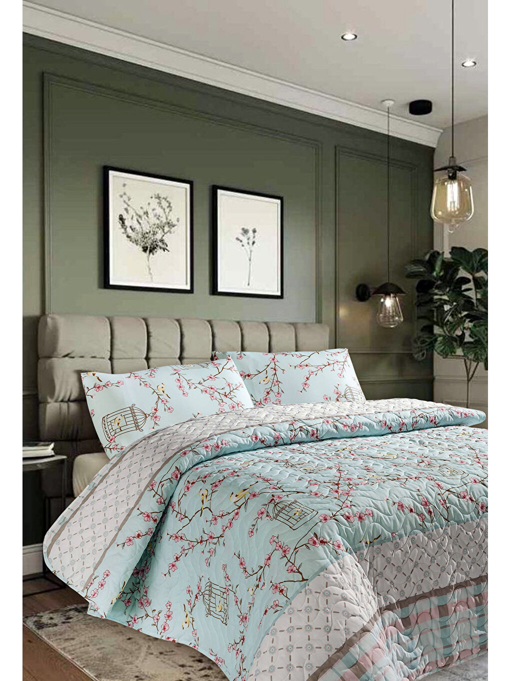 Kapitone Yatak Örtüsü Seti Çift Kişilik Birdcage Turkuaz-4