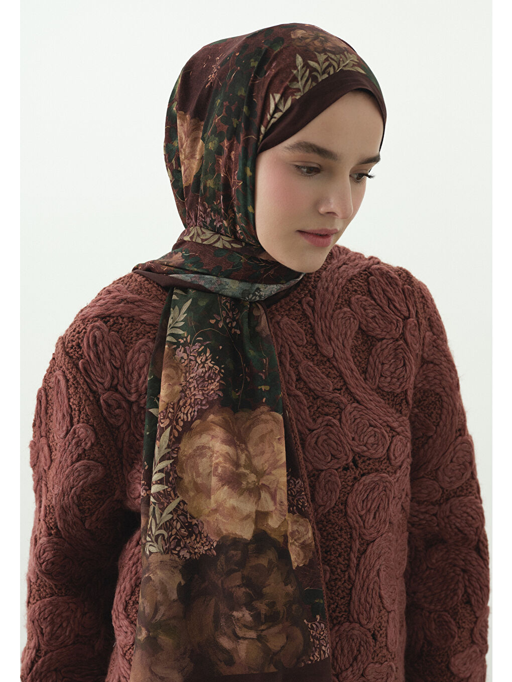 Bordo SOFT HIBISCUS DESENLİ PAMUK VİSKON ŞAL BORDO-4