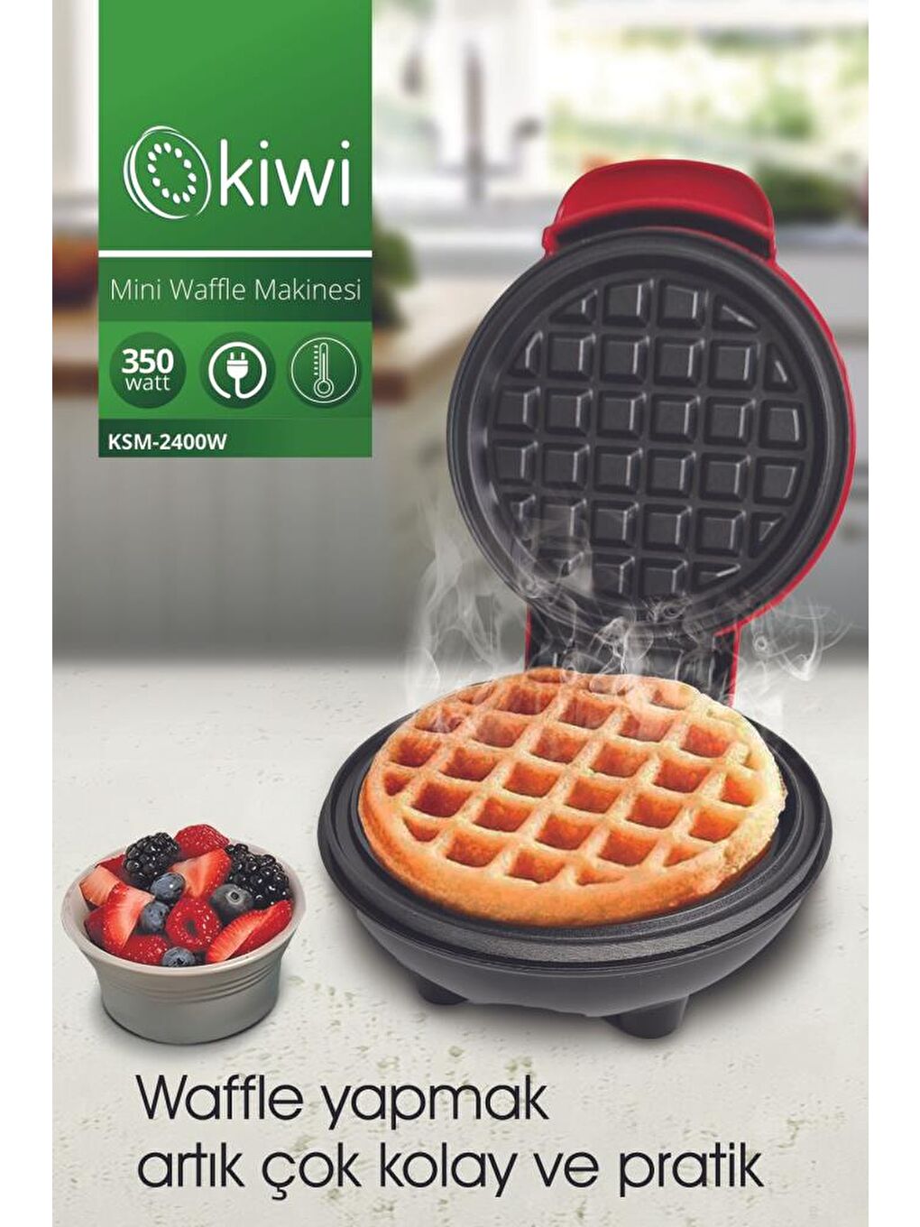 MİNİ Ksm-2400W Yapışmaz Plakalı Waffle Makinesi Kırmızı-4