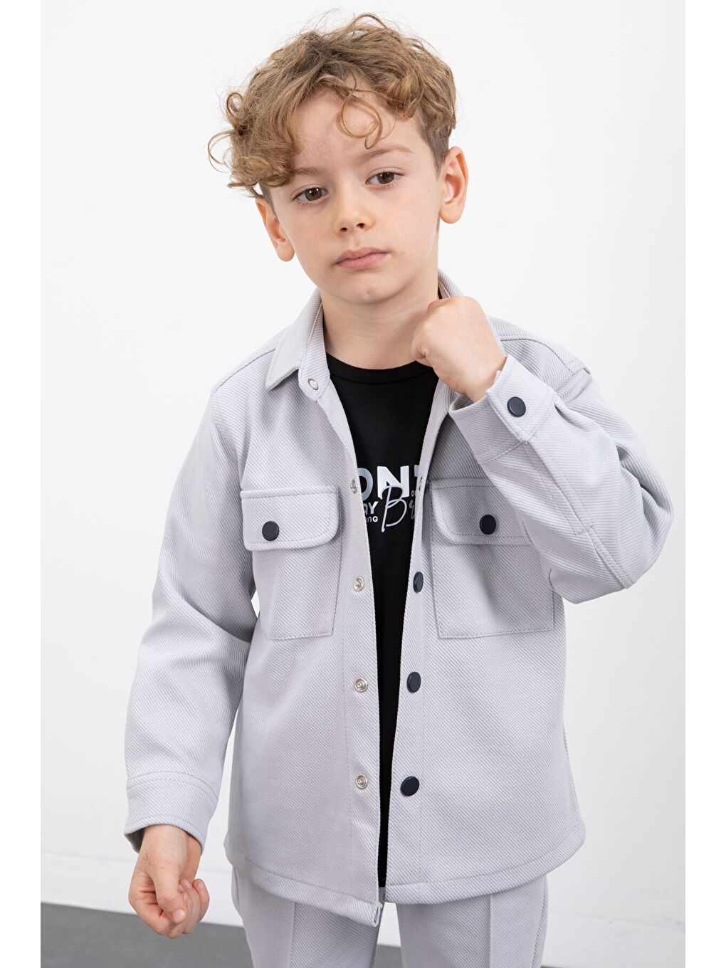 Gri Çıtçıtlı Gömlekli Erkek Çocuk 3lü Tişörtlü Takım 23381-1