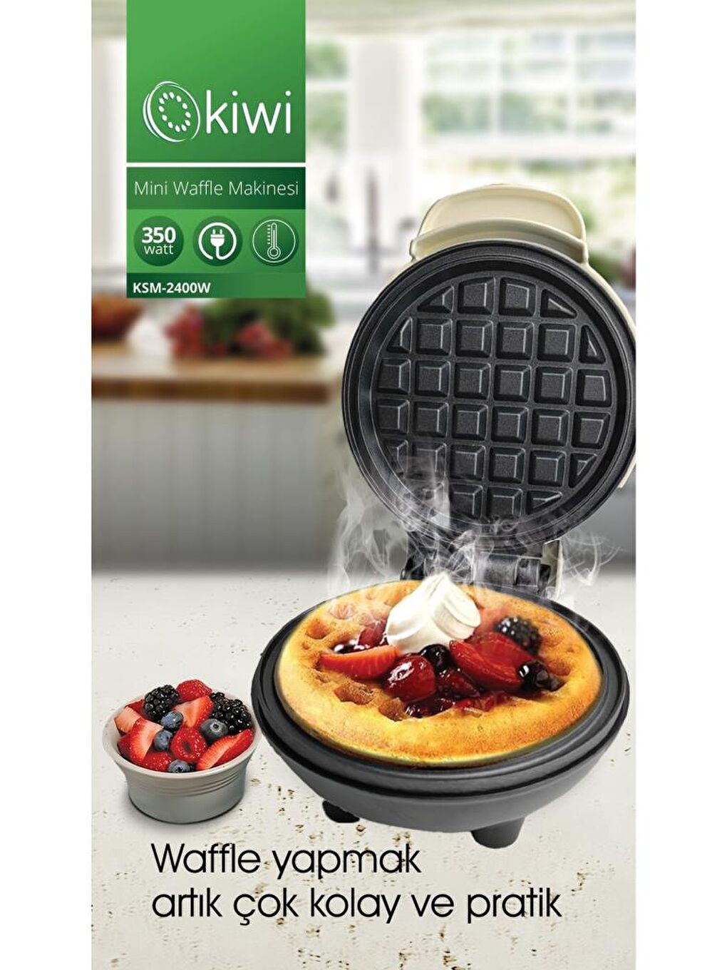 Kiw MİNİi Ksm-2400W Yapışmaz Plakalı Waffle Makinesi Krem